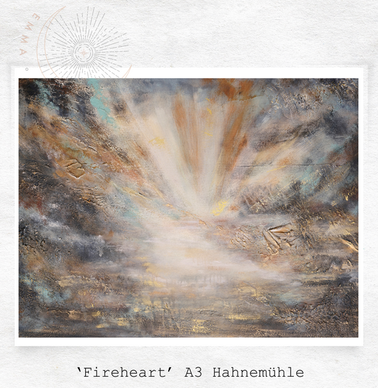 Abstract art print titled 'Fireheart' by Hahnemähle on a white background