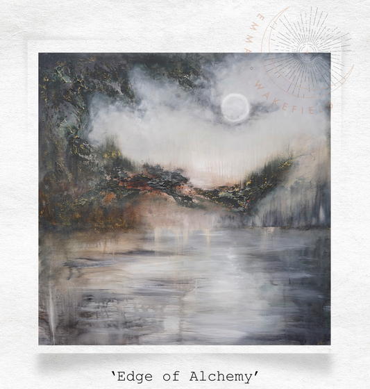 Art print titled 'Edge of Alchemy' with a moon over water scene on a white background.
