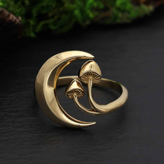 Gold Crescent Moon and Mushroom Ring