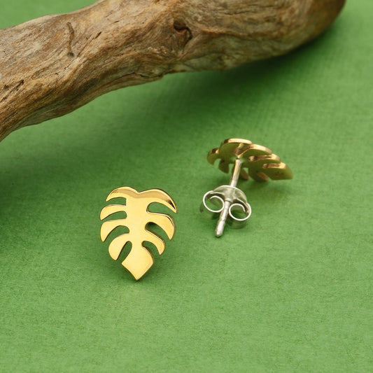 Gold Monstera Stud Earrings 10x8mm