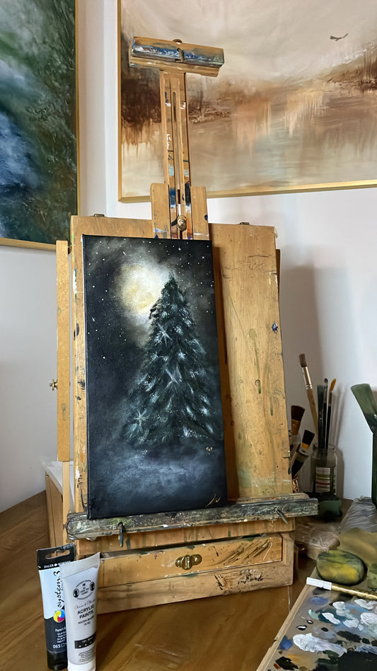 ‘Winter Spirit’ - Original Full moon evergreen tree acrylic on canvas